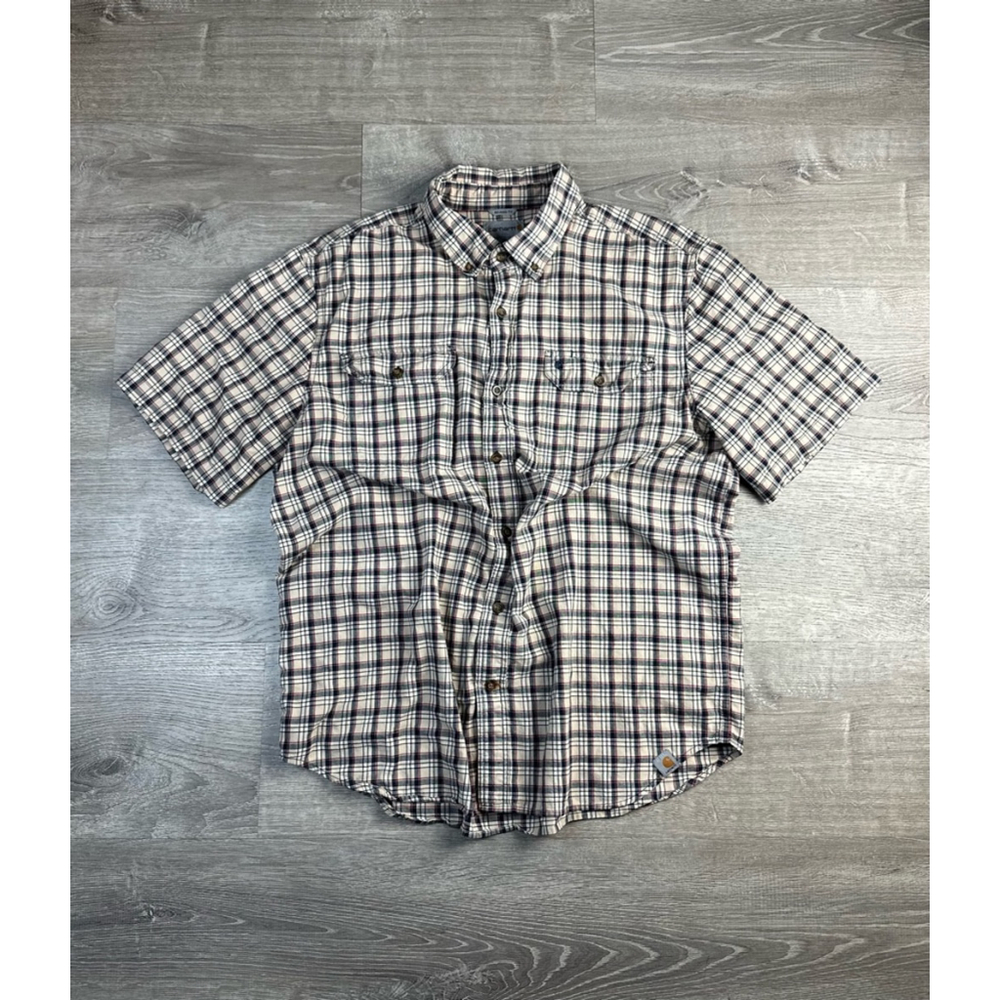 Men's Carhartt Plaid Button Down Shirt XL Beige Navy